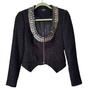 Bebe Women's Beaded Black & Gold Fitted Tweed Zip Up Blazer Size 6